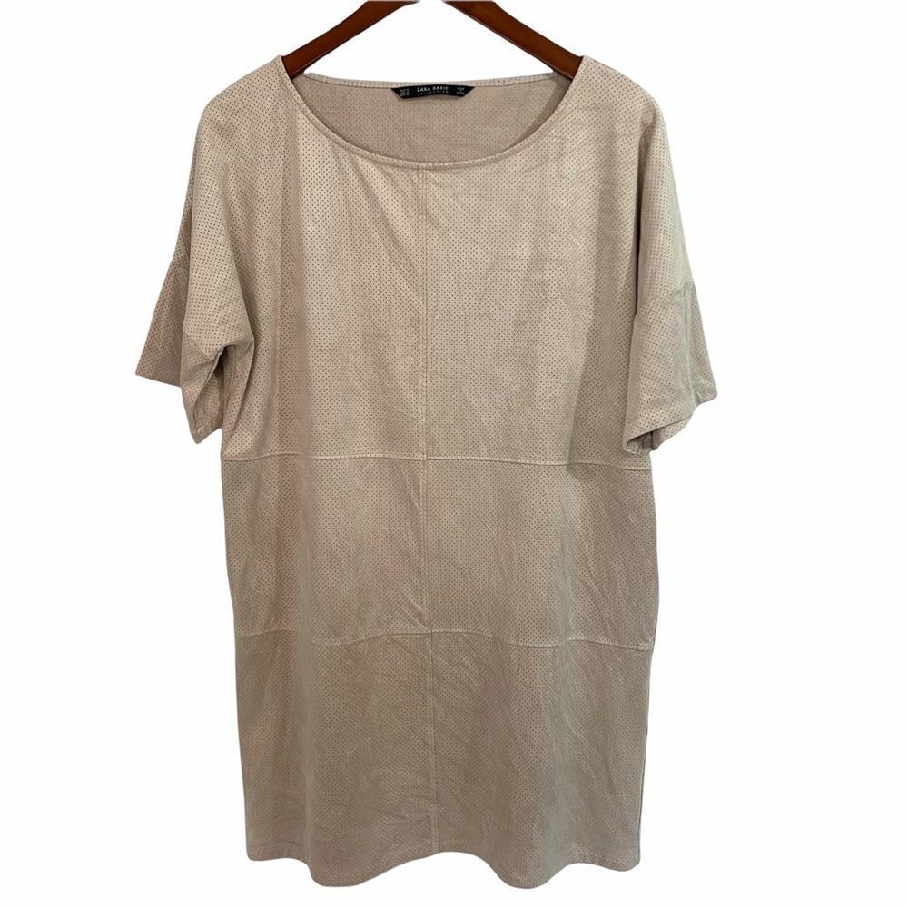 Zara beige faux suede round neck shift dress